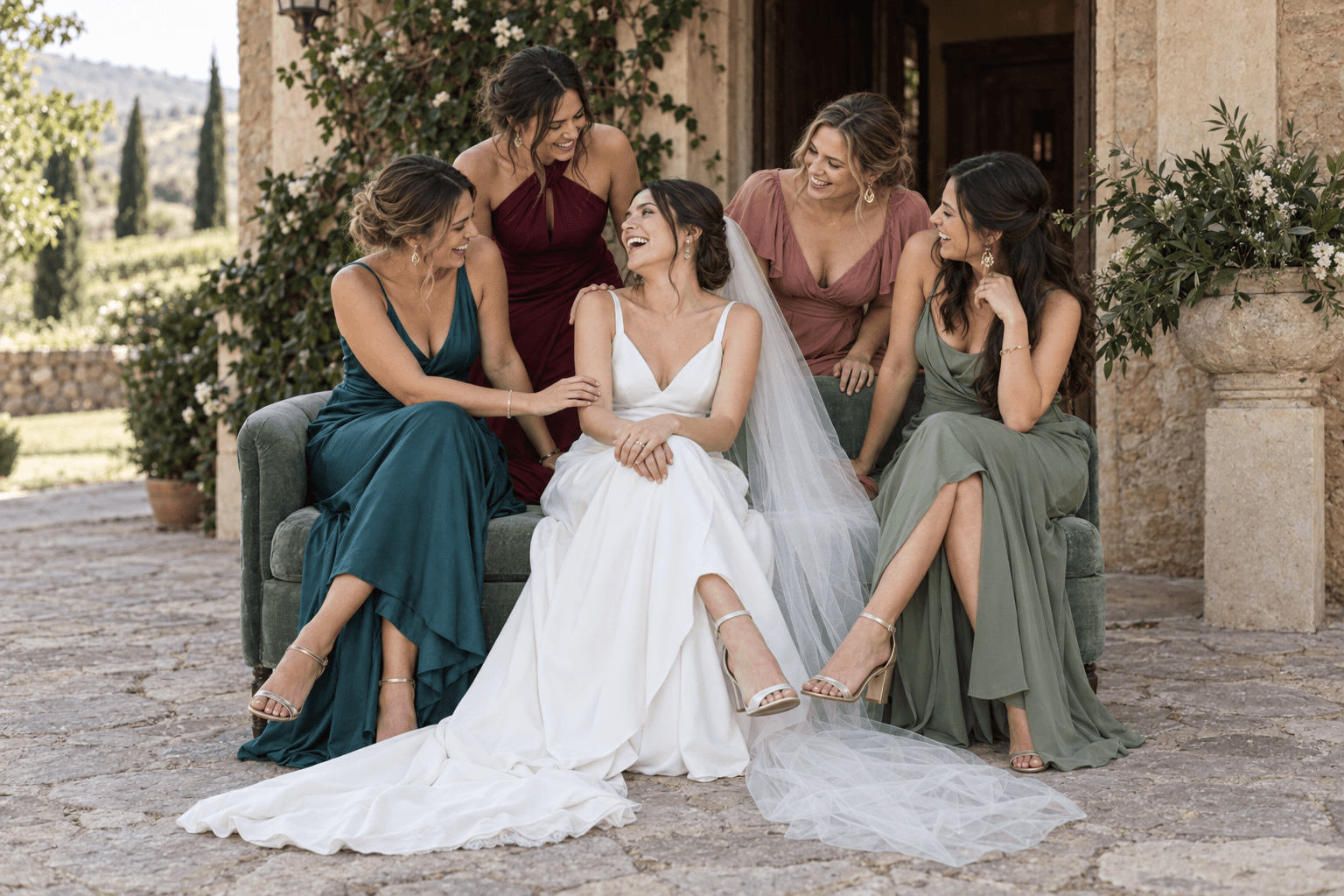 Novia acompañada por cuatro invitadas con vestidos elegantes en colores coordinados