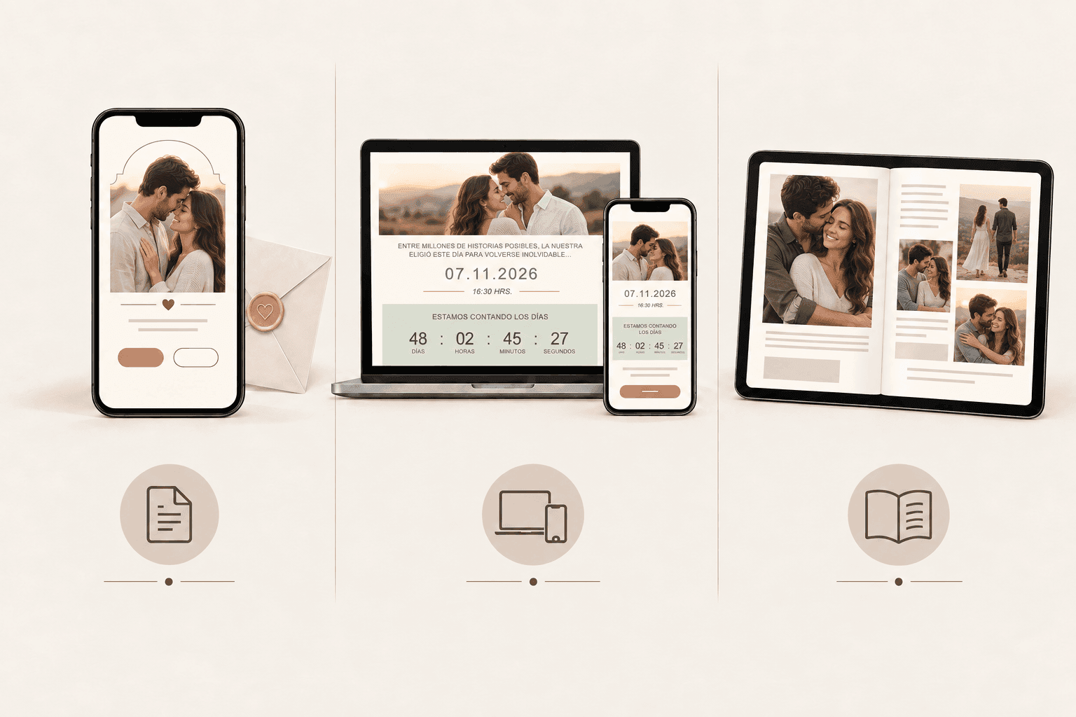 Comparación visual entre una invitación PDF, una página web y una revista digital de matrimonio