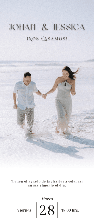 Invitación en PDF de Jessica y Johan, con una fotografía de la pareja en la playa