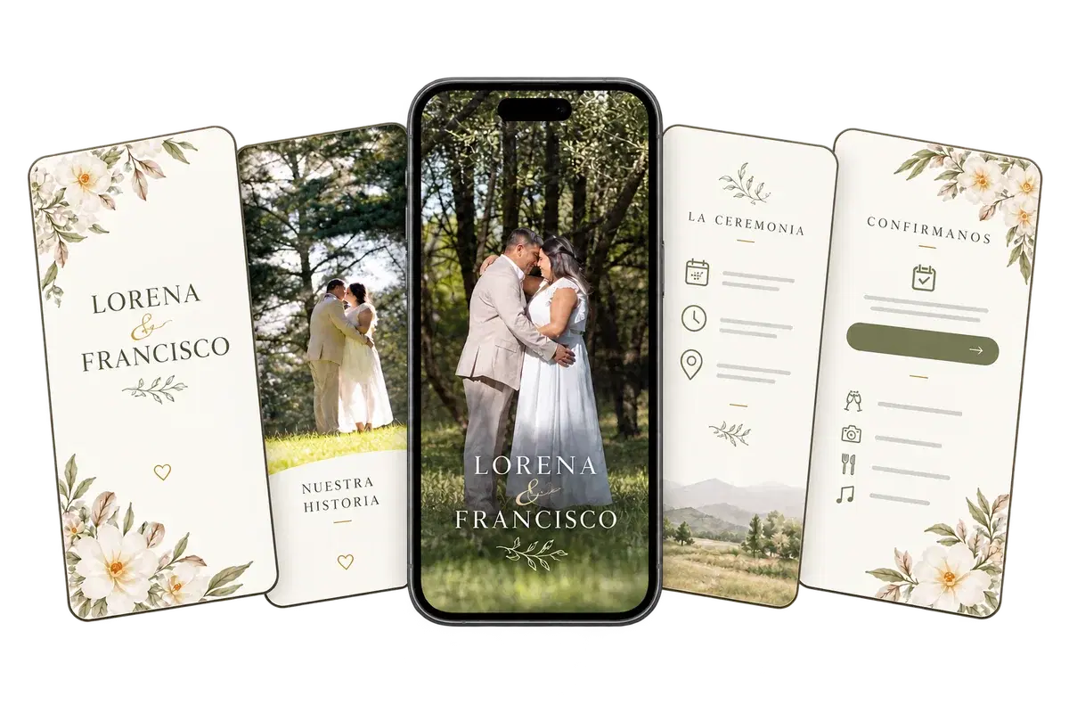 Revista digital de Lorena y Francisco, con distintas páginas junto a un celular