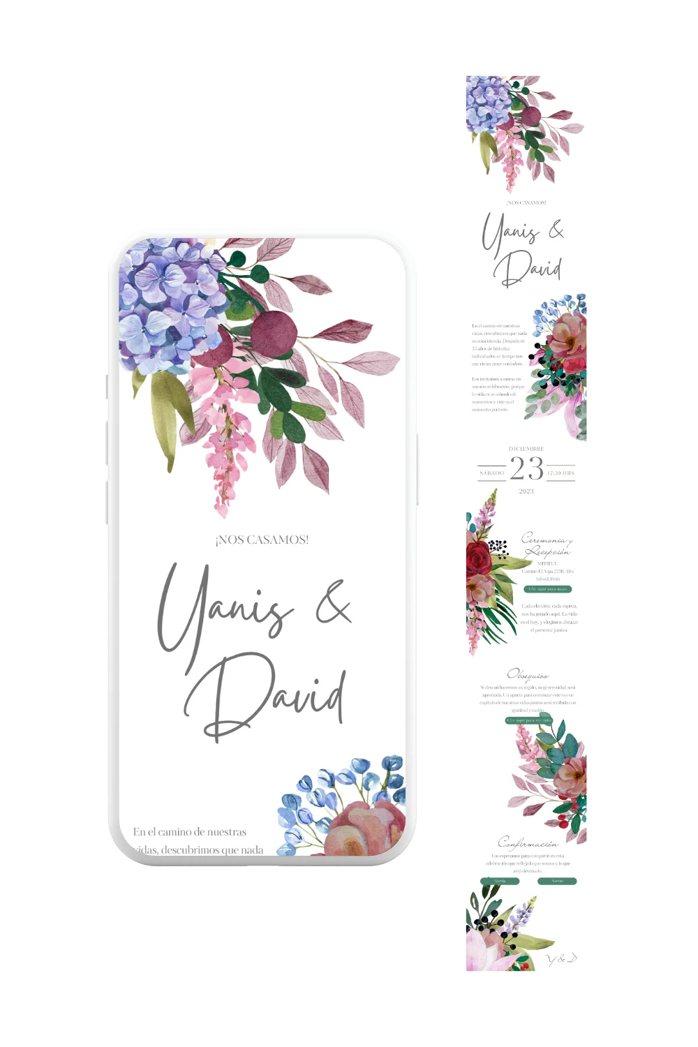 Parte de matrimonio digital floral con hortensias en tonos pastel. Diseño romántico ideal para WhatsApp. De invite me.