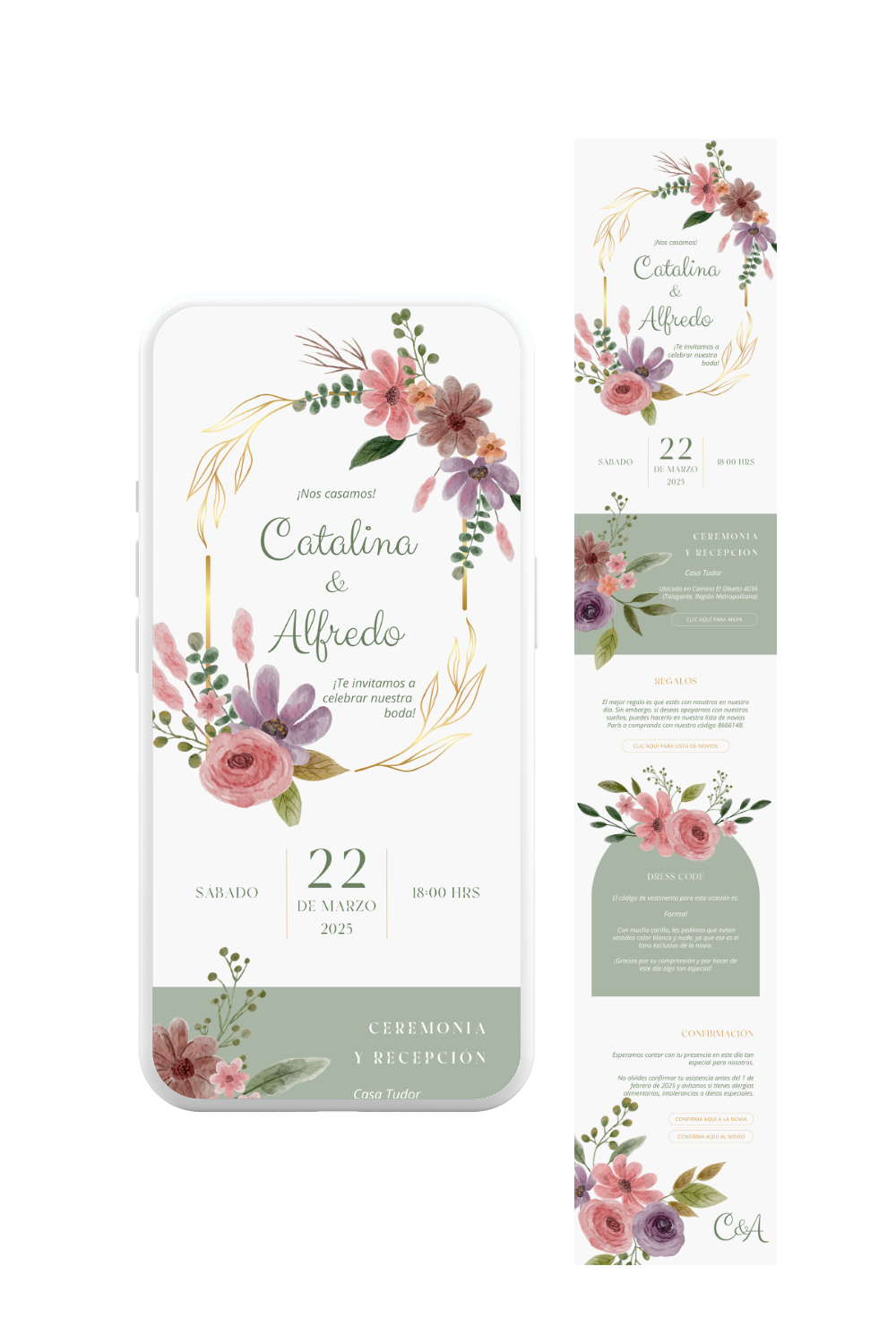 Parte de matrimonio digital floral en tonos pastel con detalles dorados. Estilo botánico y romántico. De invite me.
