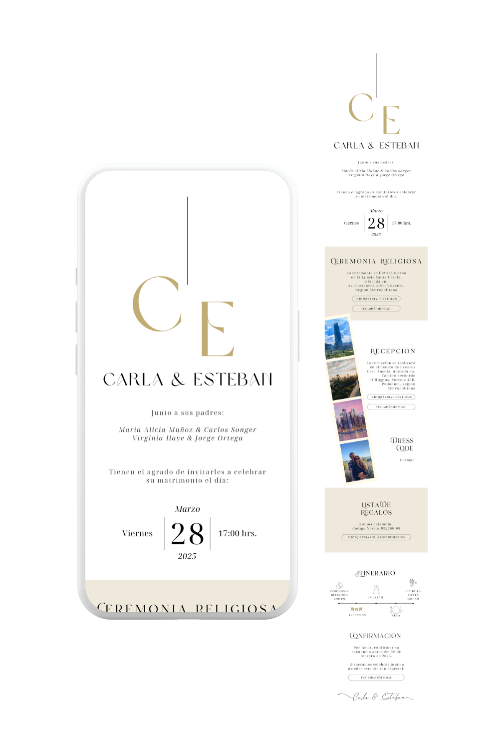 Parte de matrimonio digital minimalista con tipografía moderna y fondo blanco. Diseño elegante y formal. De invite me.