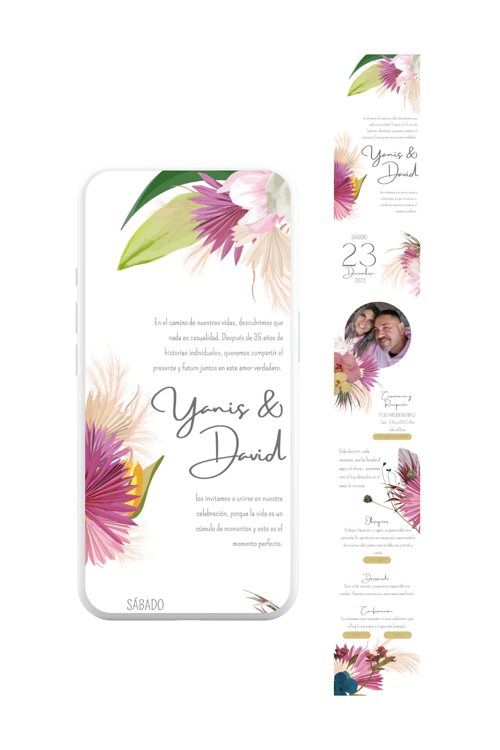 Parte de matrimonio digital floral en tonos cálidos con ilustraciones modernas. Ideal para WhatsApp. De invite me.