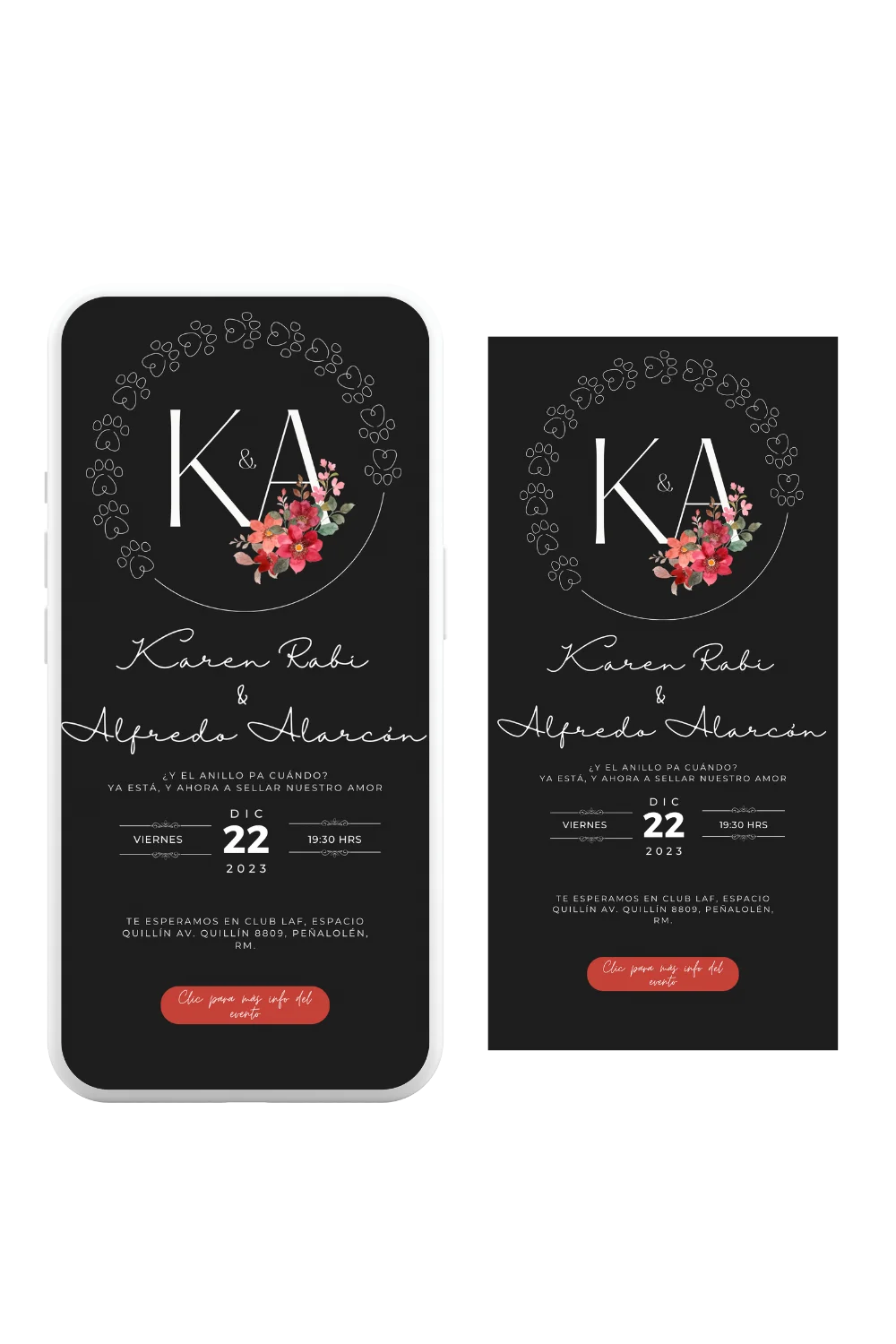 Parte de matrimonio digital elegante con fondo negro y flores rojas. Estilo moderno. Ideal para WhatsApp. De invite me.