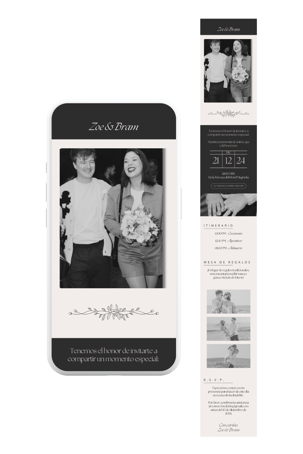 Parte de matrimonio digital minimalista en blanco y negro, con foto de los novios. Estilo elegante y moderno. De invite me.