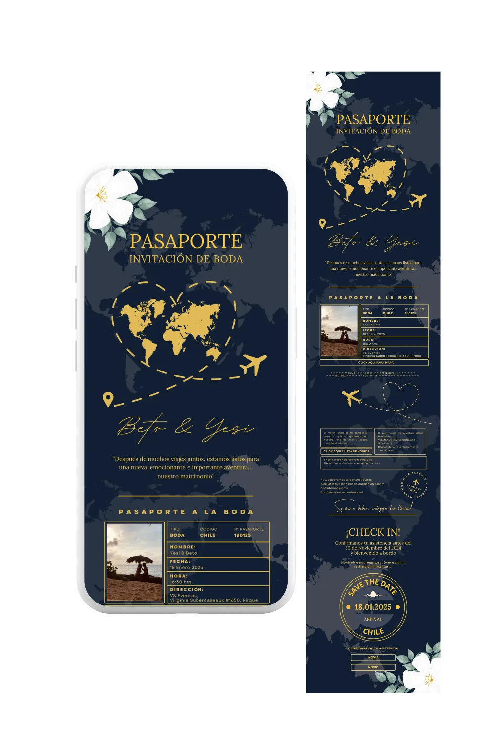 Parte de matrimonio digital estilo pasaporte con mapa, flores tropicales y tonos azul marino y dorado. De invite me.