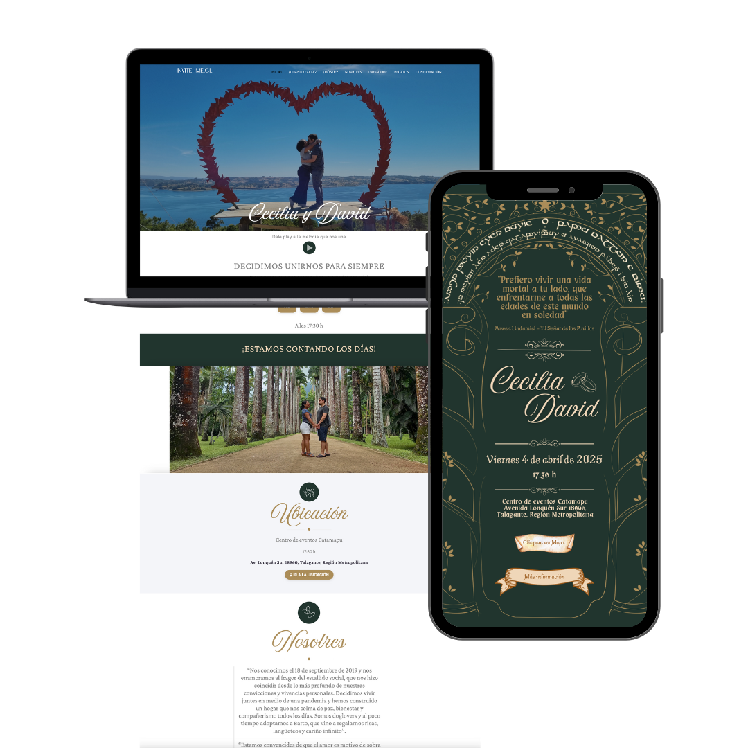 Parte de matrimonio digital con foto de los novios frente a la Puerta Élfica. Estilo natural, personalizado y elegante. De invite me.
